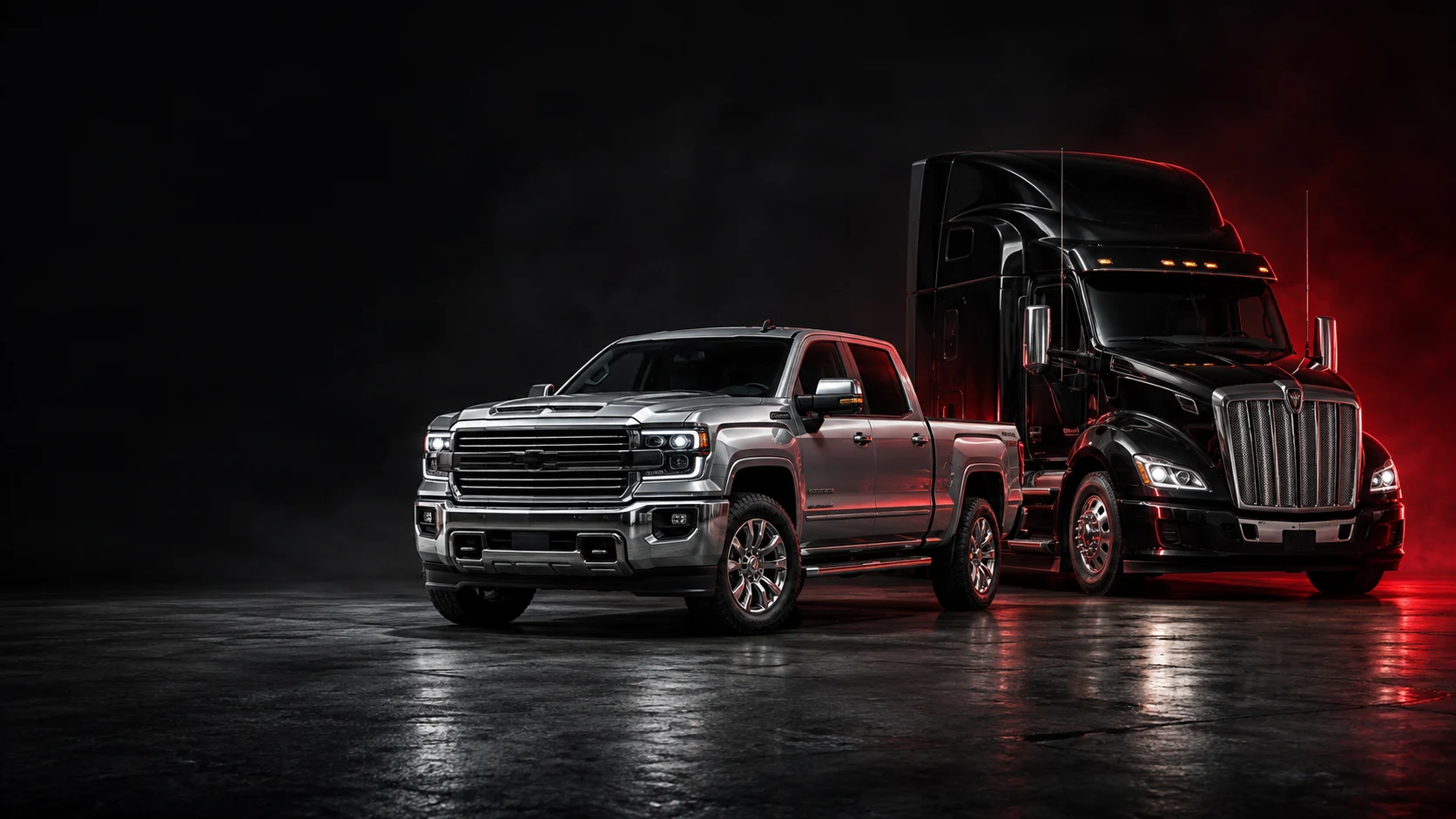 A silver pickup and black semi truck with red studio lighting