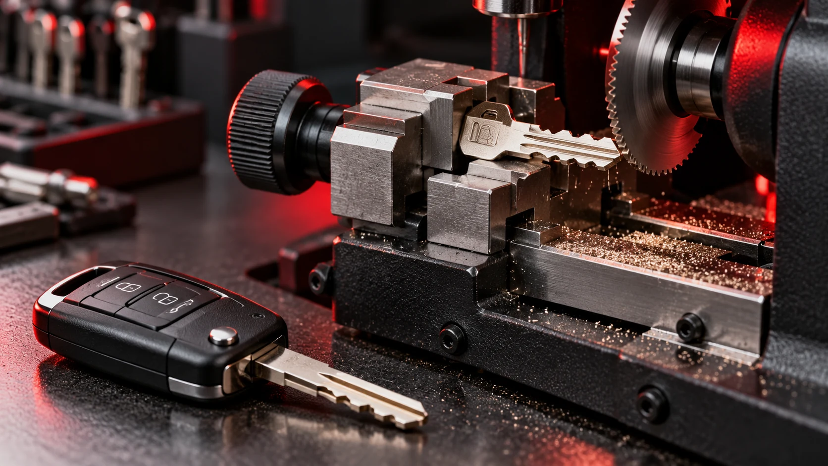Illustrative automotive key cutting machine with a vehicle key in its vise