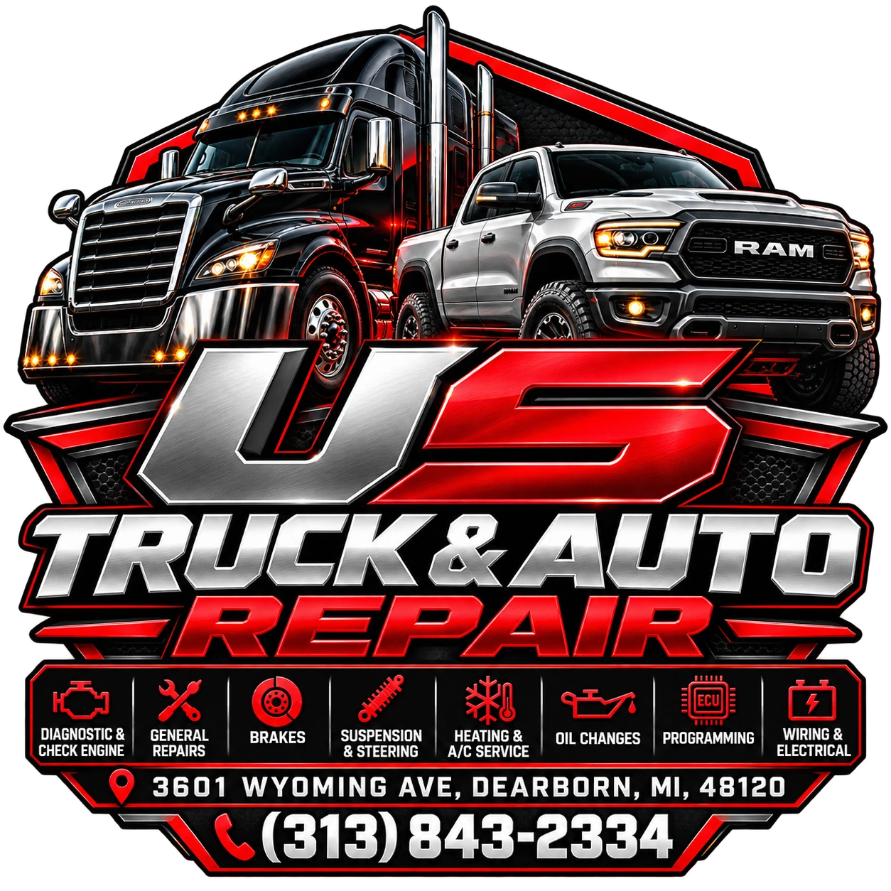 US Truck & Auto Repair red and chrome truck and pickup branding